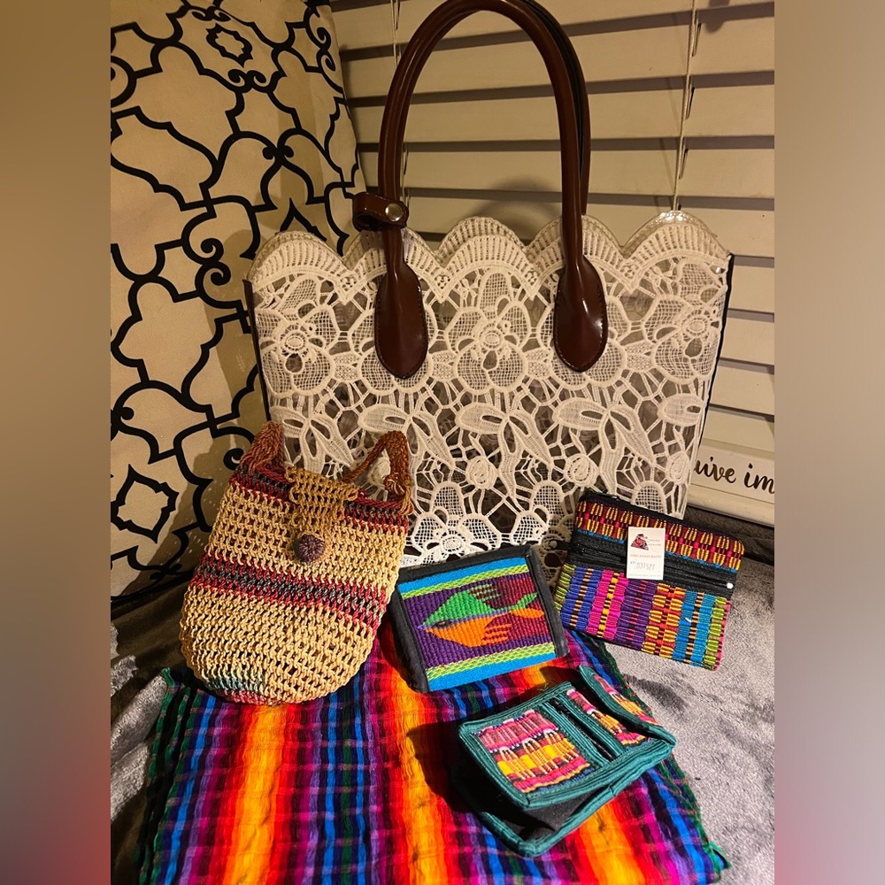 Laced tote, Mayan Fine Handcrafts - scarf wallet, coin purse bundle